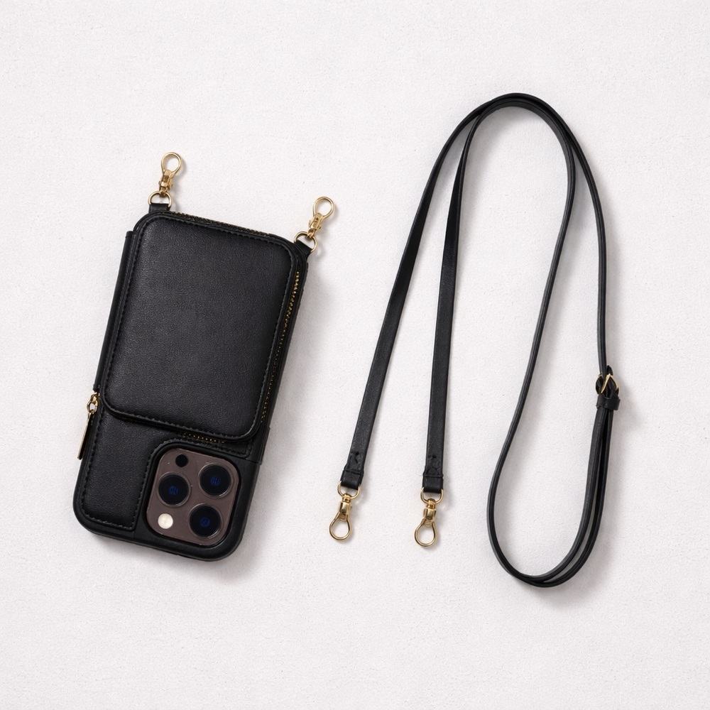 Black Leather Phone Case with Strap